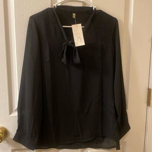 NWT ACEVOG sheer chiffon blouse with tie. Black. Size Small.